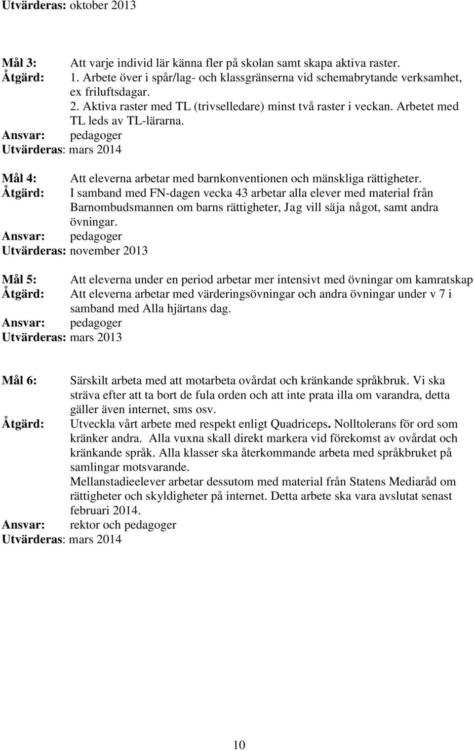 Ansvar: pedagoger Utvärderas: mars 2014 Mål 4: Att eleverna arbetar med barnkonventionen och mänskliga rättigheter.