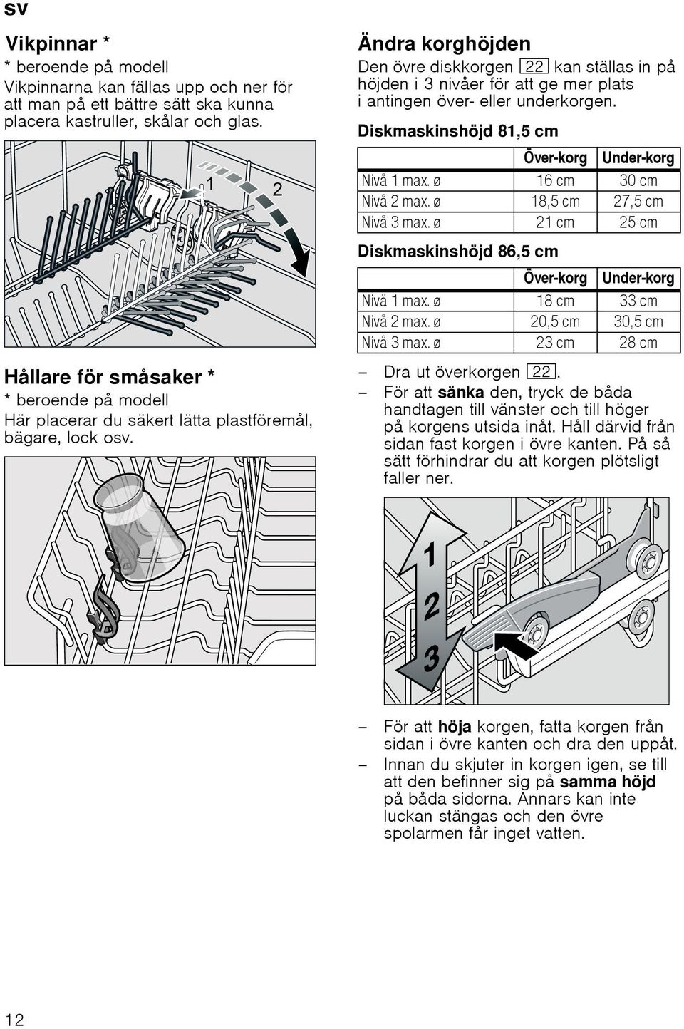 ø 16 cm 30 cm Nivå 2 max. ø 18,5 cm 27,5 cm Nivå 3 max. ø 21 cm 25 cm Diskmaskinshöjd 86,5 cm Över-korg Under-korg Nivå 1 max. ø 18 cm 33 cm Nivå 2 max. ø 20,5 cm 30,5 cm Nivå 3 max.