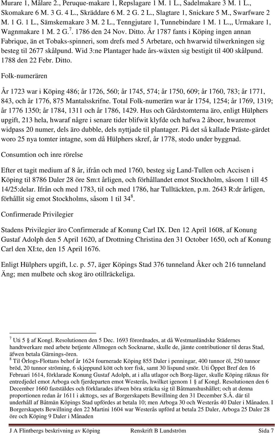 År 1787 fants i Köping ingen annan Fabrique, än et Tobaks-spinneri, som drefs med 5 Arbetare, och hwarwid tilwerkningen sig besteg til 2677 skålpund.