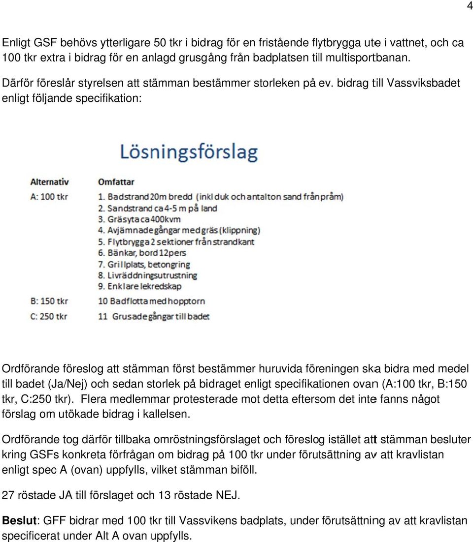 bidrag till Vassviksbadet enligt följande specifikation: Ordförande föreslog att stämman först bestämmer huruvida föreningen skaa bidra med medel till badet (Ja/Nej) och sedan storlek på bidraget