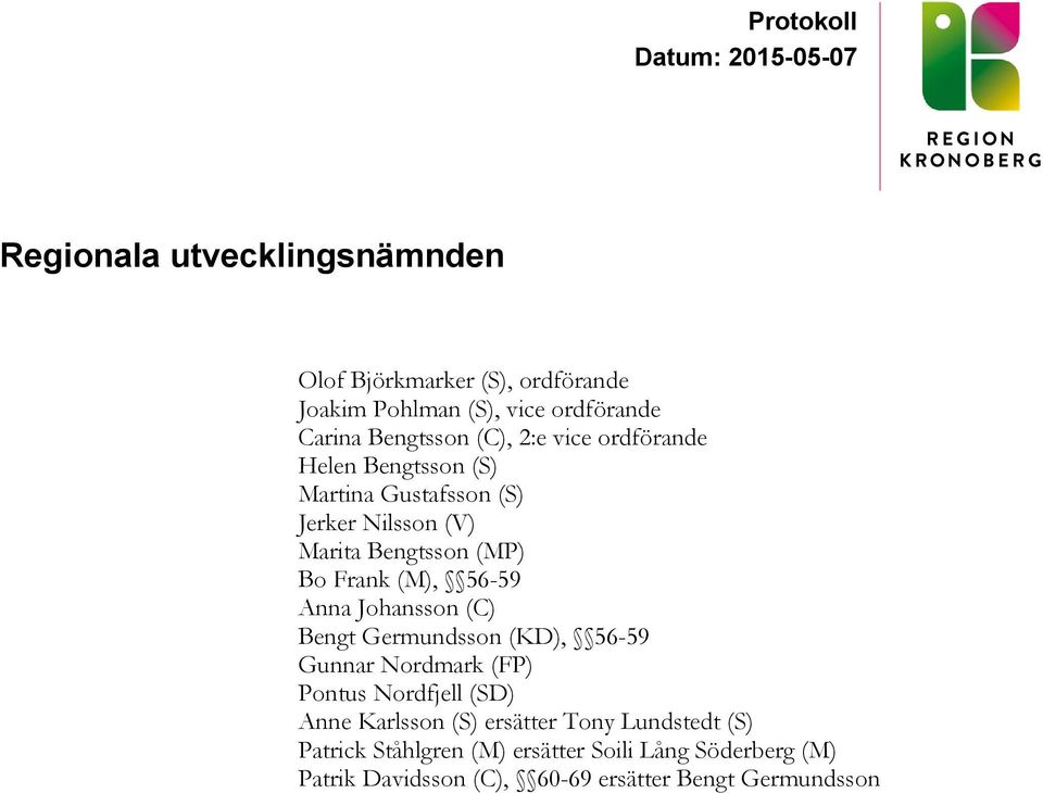 56-59 Gunnar Nordmark (FP) Pontus Nordfjell (SD) Anne Karlsson (S) ersätter Tony Lundstedt (S) Patrick Ståhlgren (M) ersätter Soili Lång Söderberg (M) Patrik Davidsson (C), 60-69 ersätter Bengt