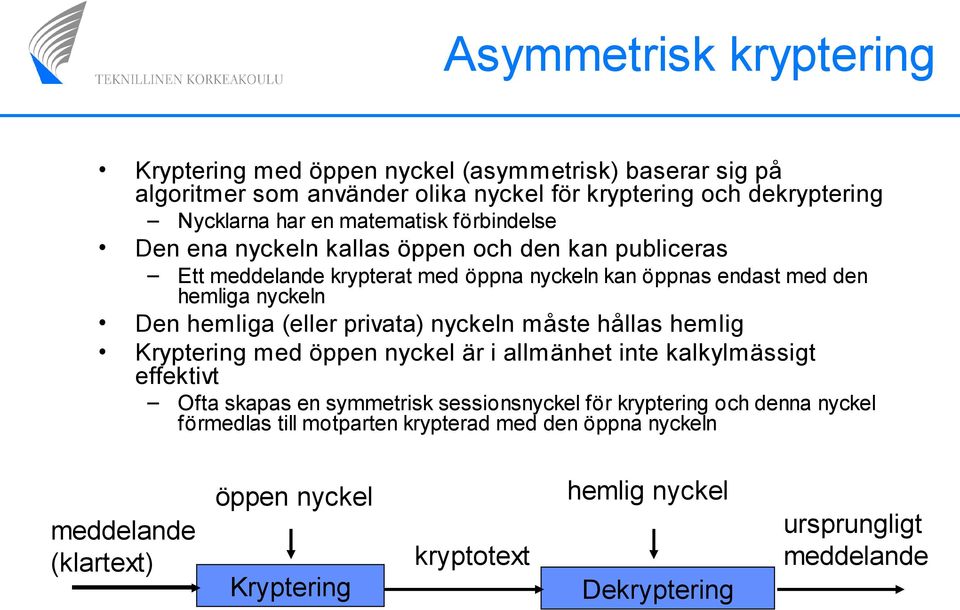 (eller privata) nyckeln måste hållas hemlig Kryptering med öppen nyckel är i allmänhet inte kalkylmässigt effektivt Ofta skapas en symmetrisk sessionsnyckel för kryptering