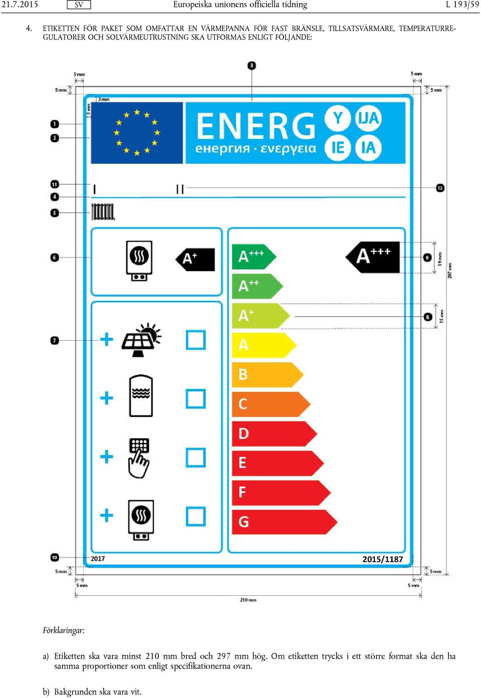 GULATORER OCH SOLVÄRMEUTRUSTNING SKA UTFORMAS ENLIGT FÖLJANDE: Förklaringar: a) Etiketten ska