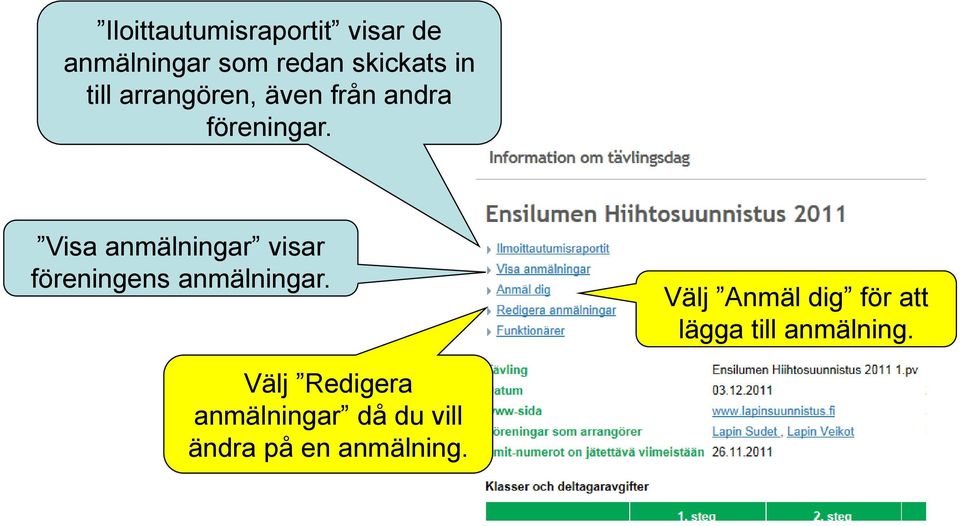 Visa anmälningar visar föreningens anmälningar.