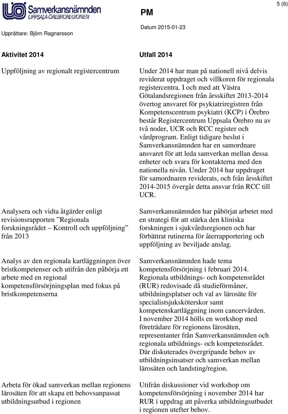 för att skapa ett behovsanpassat utbildningsutbud i regionen Under 2014 har man på nationell nivå delvis reviderat uppdraget och villkoren för regionala registercentra.