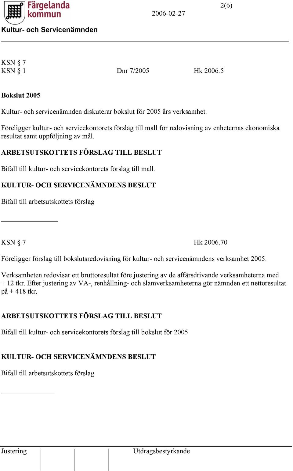 Bifall till arbetsutskottets förslag KSN 7 Hk 2006.70 Föreligger förslag till bokslutsredovisning för kultur- och servicenämndens verksamhet 2005.