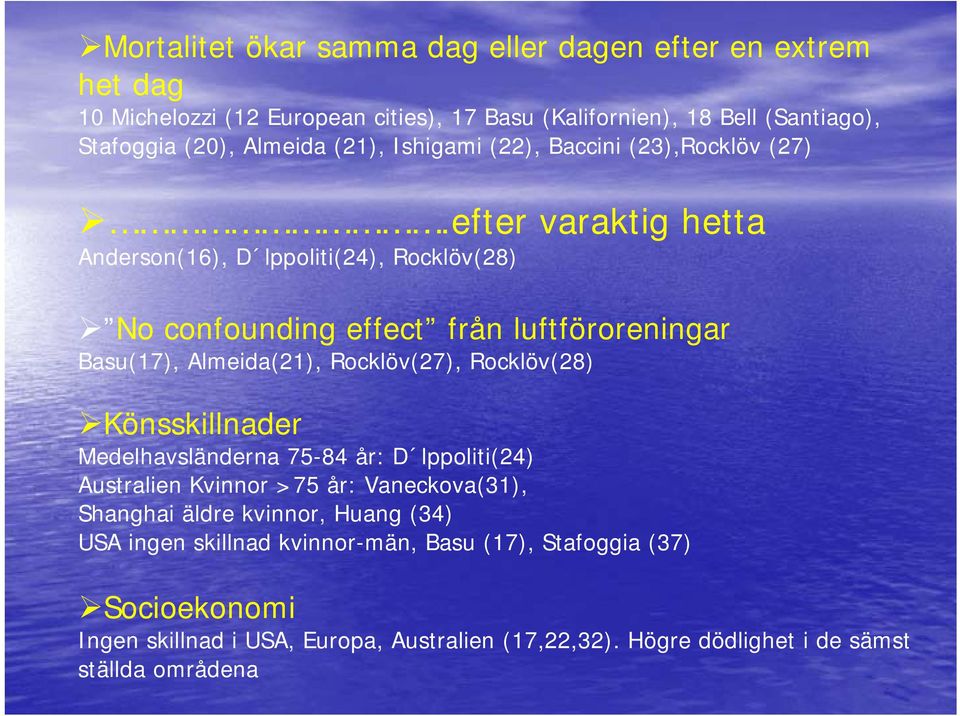 efter varaktig hetta Anderson(16), D lppoliti(24), Rocklöv(28) No confounding effect från luftföroreningar Basu(17), Almeida(21), Rocklöv(27), Rocklöv(28)