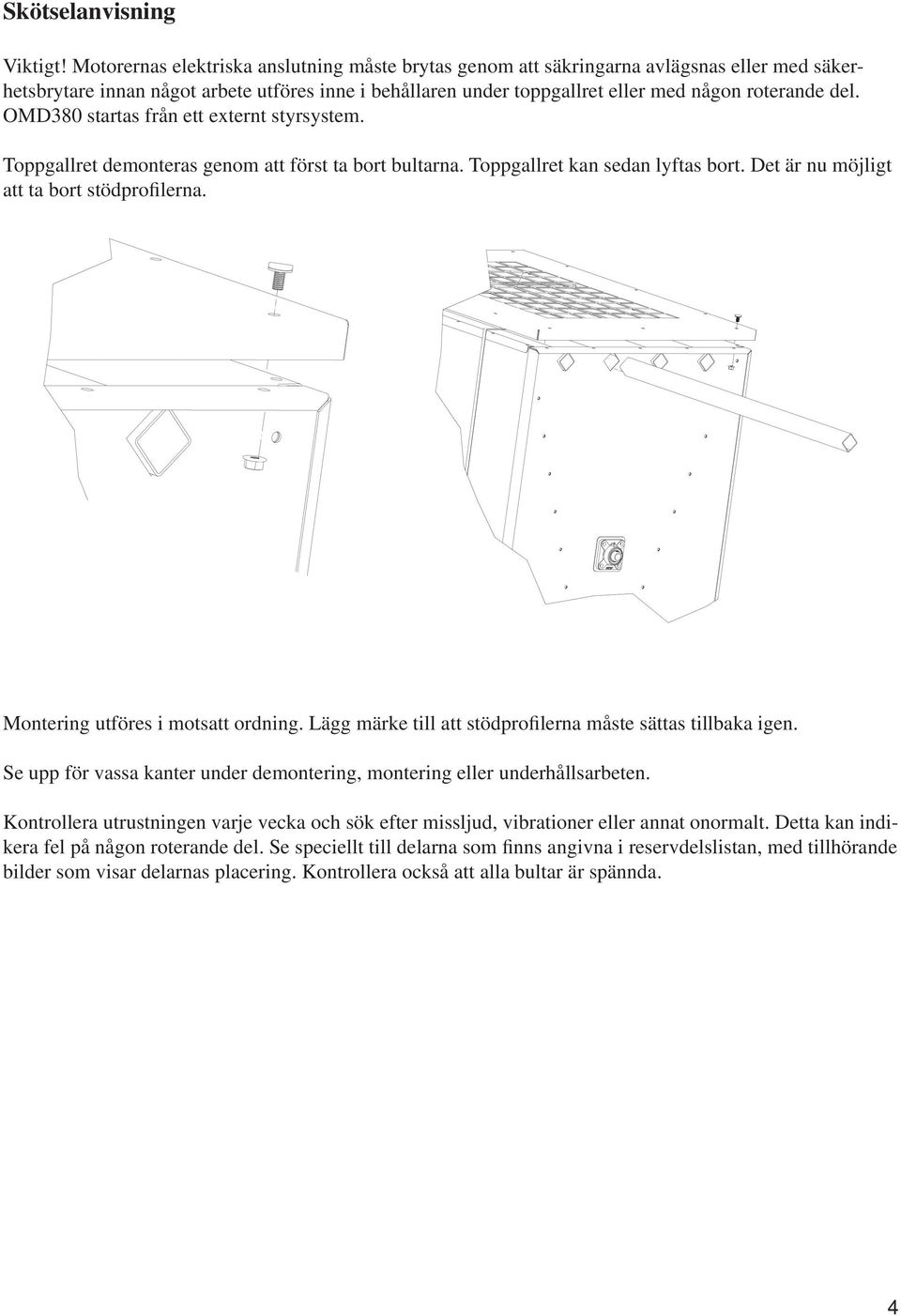 OMD380 startas från ett externt styrsystem. Toppgallret demonteras genom att först ta bort bultarna. Toppgallret kan sedan lyftas bort. Det är nu möjligt att ta bort stödprofilerna.