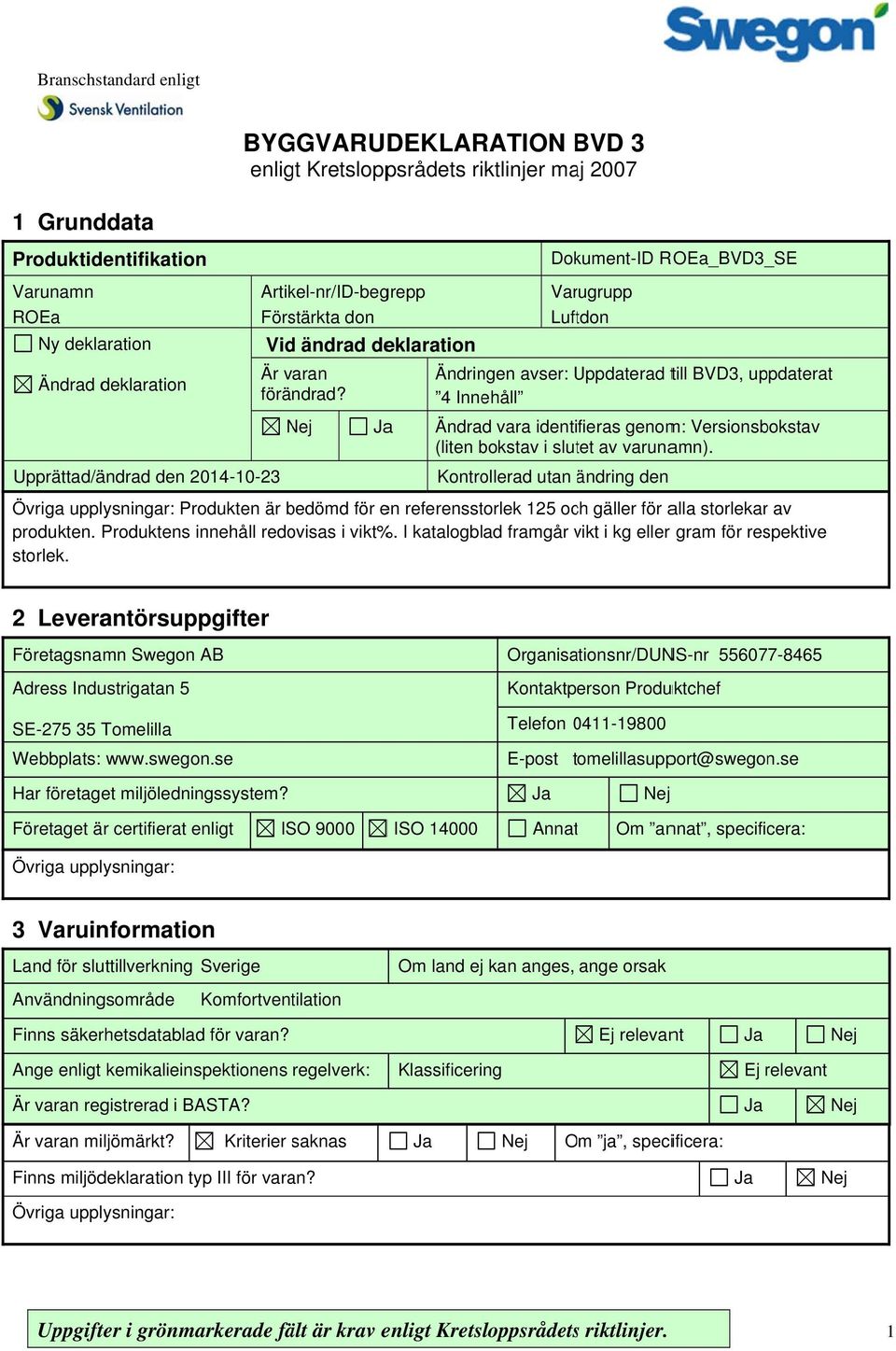 a Ändringen avser: Uppdaterad U till BVD3, uppdaterat 4 Innehåll Ändrad vara identifieras genom: Versionsbokstav (liten bokstav i slutet av varunamn).