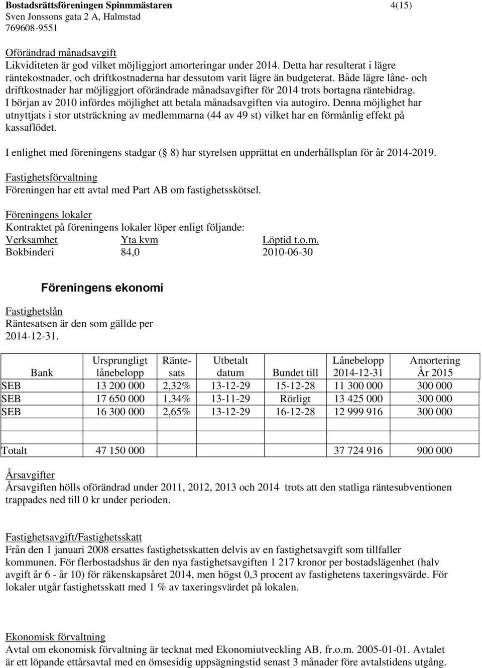 Både lägre låne- och driftkostnader har möjliggjort oförändrade månadsavgifter för 2014 trots bortagna räntebidrag. I början av 2010 infördes möjlighet att betala månadsavgiften via autogiro.