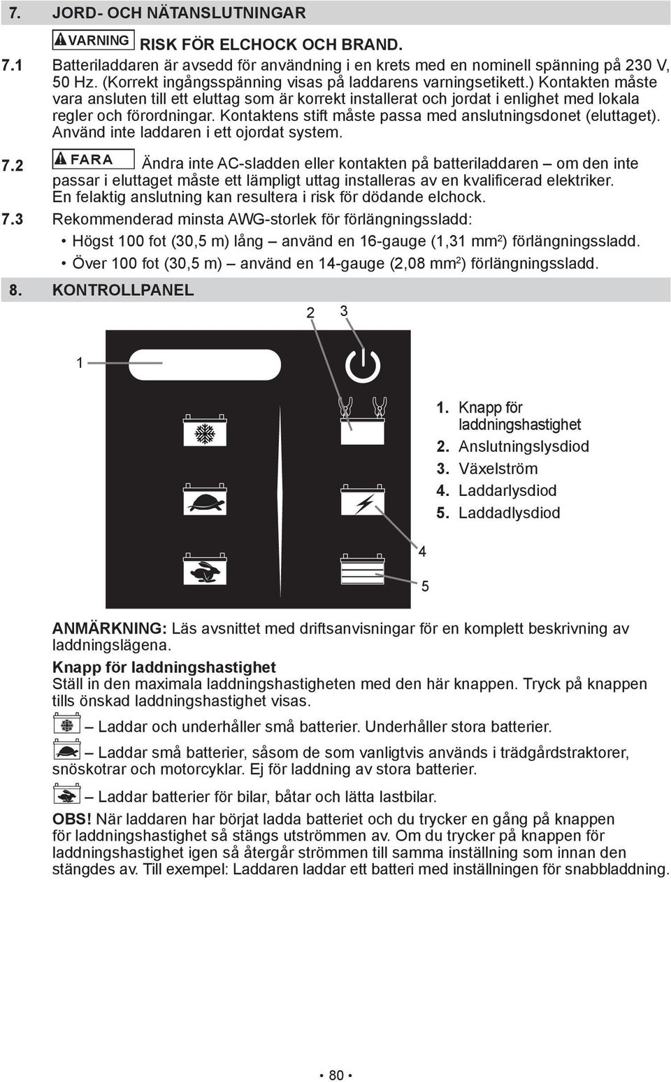 Kontaktens stift måste passa med anslutningsdonet (eluttaget). Använd inte laddaren i ett ojordat system. 7.