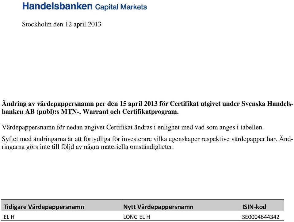 Värdepappersnamn för nedan angivet Certifikat ändras i enlighet med vad som anges i tabellen.