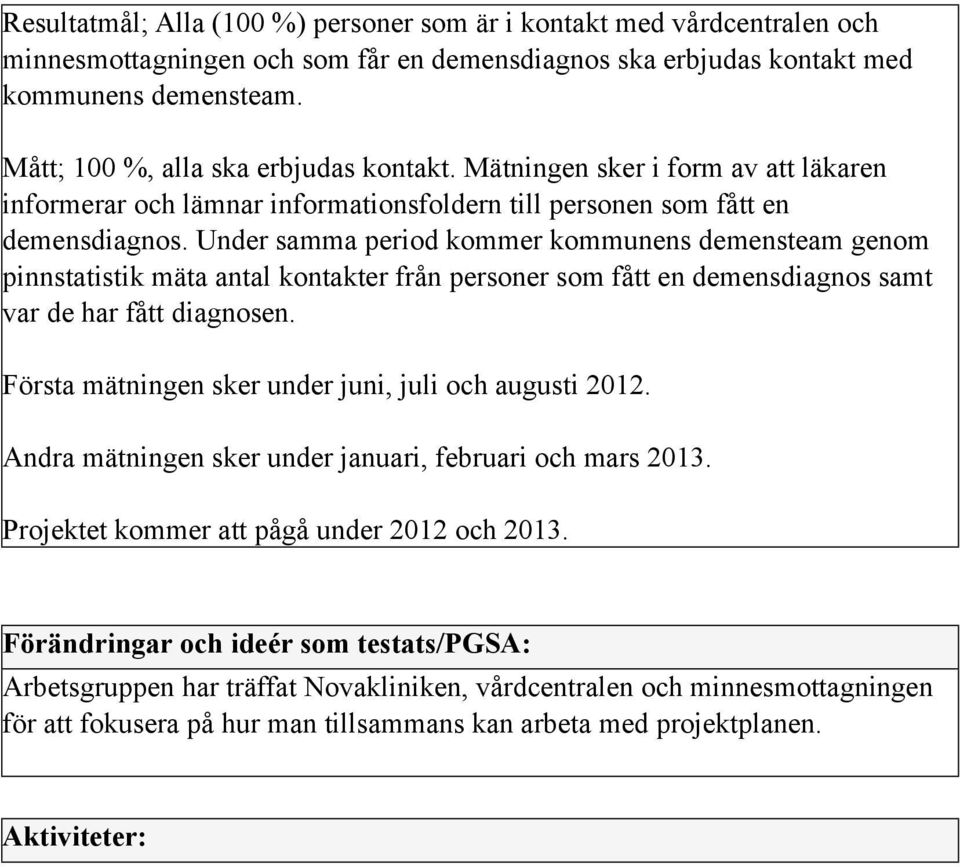 Under samma period kommer kommunens demensteam genom pinnstatistik mäta antal kontakter från personer som fått en demensdiagnos samt var de har fått diagnosen.