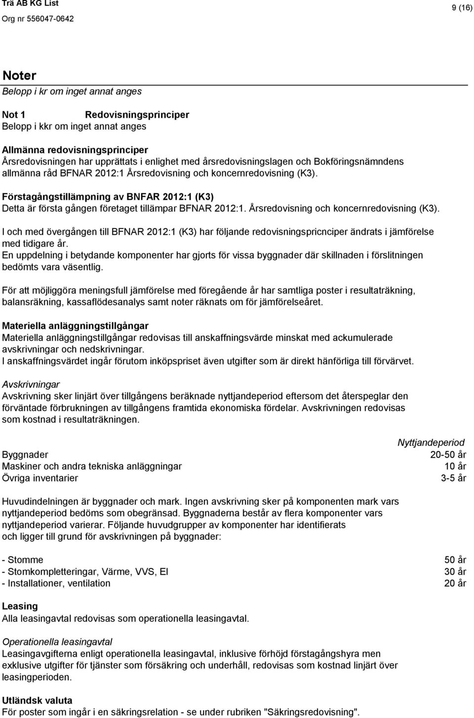Förstagångstillämpning av BNFAR 2012:1 (K3) Detta är första gången företaget tillämpar BFNAR 2012:1. Årsredovisning och koncernredovisning (K3).