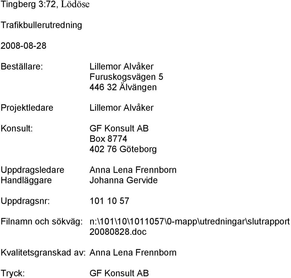 Anna Lena Frennborn Johanna Gervide Uppdragsnr: 101 10 57 Filnamn och sökväg: