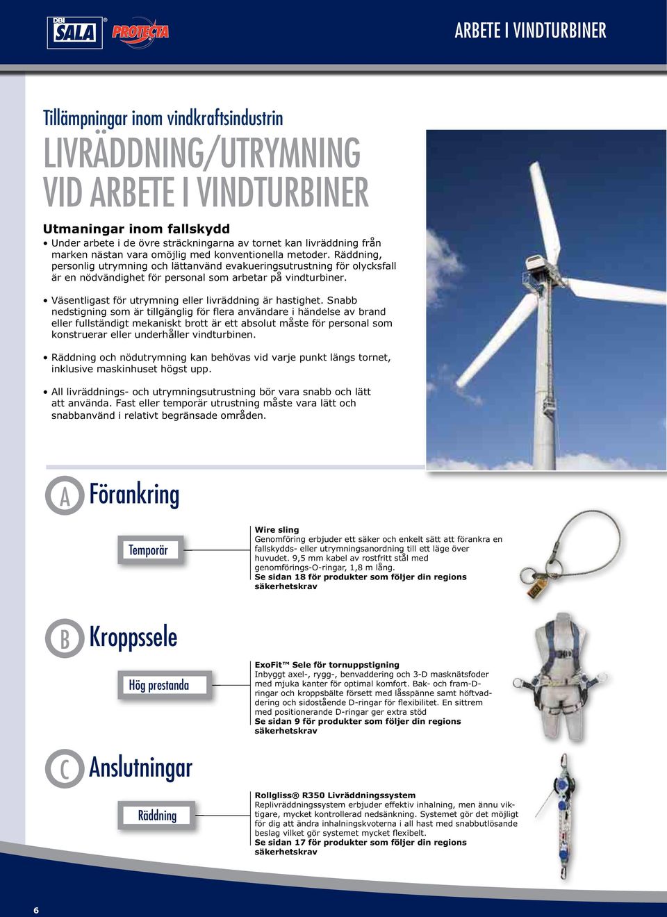 Räddning, personlig utrymning och lättanvänd evakueringsutrustning för olycksfall är en nödvändighet för personal som arbetar på vindturbiner.