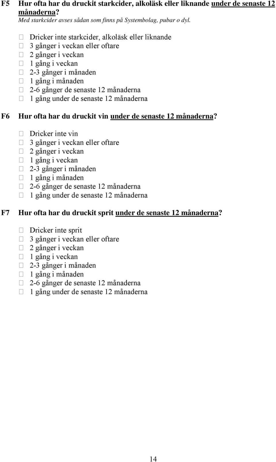 de senaste 12 månaderna F6 Hur ofta har du druckit vin under de senaste 12 månaderna?