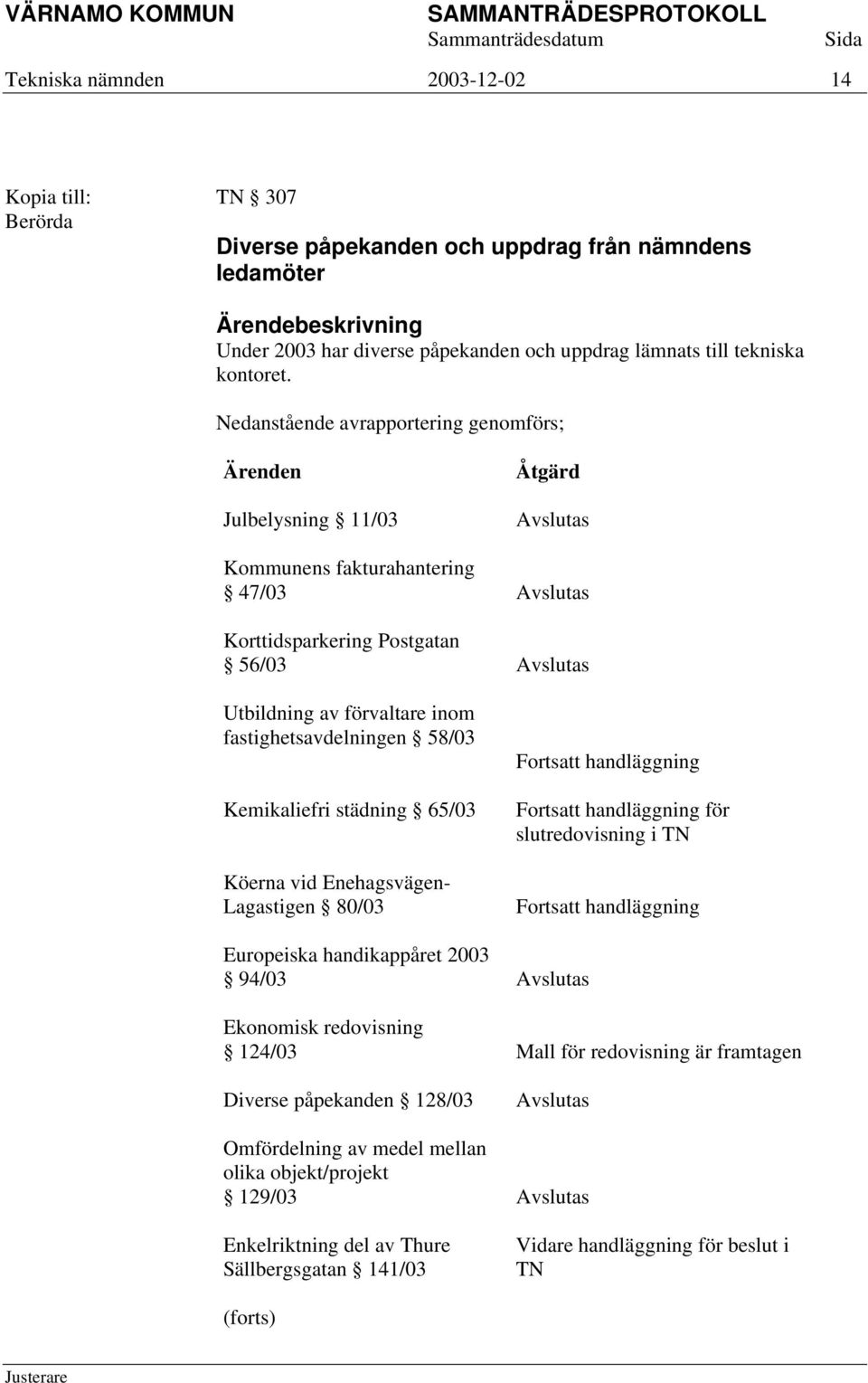 fastighetsavdelningen 58/03 Kemikaliefri städning 65/03 Köerna vid Enehagsvägen- Lagastigen 80/03 Fortsatt handläggning Fortsatt handläggning för slutredovisning i TN Fortsatt handläggning Europeiska