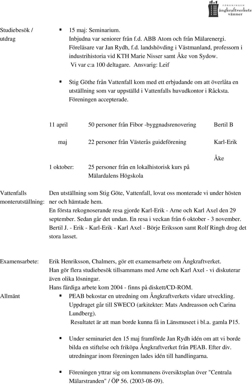 11 april 50 personer från Fibor -byggnadsrenovering Bertil B maj 22 personer från Västerås guideförening Karl-Erik 1 oktober: 25 personer från en lokalhistorisk kurs på Mälardalens Högskola Åke