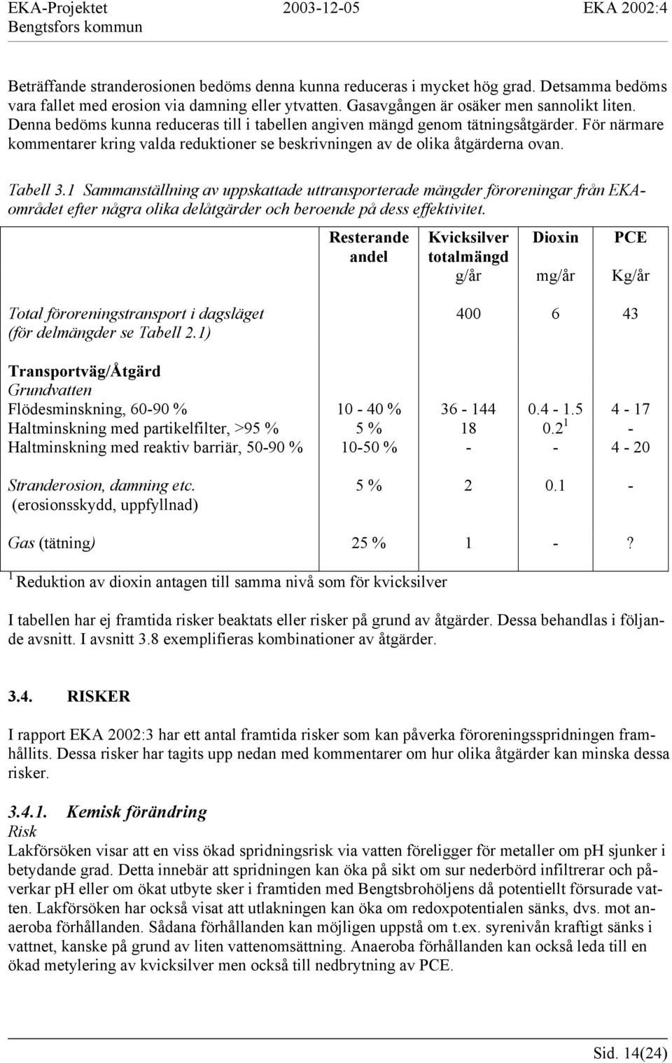 1 Sammanställning av uppskattade uttransporterade mängder föroreningar från EKAområdet efter några olika delåtgärder och beroende på dess effektivitet.