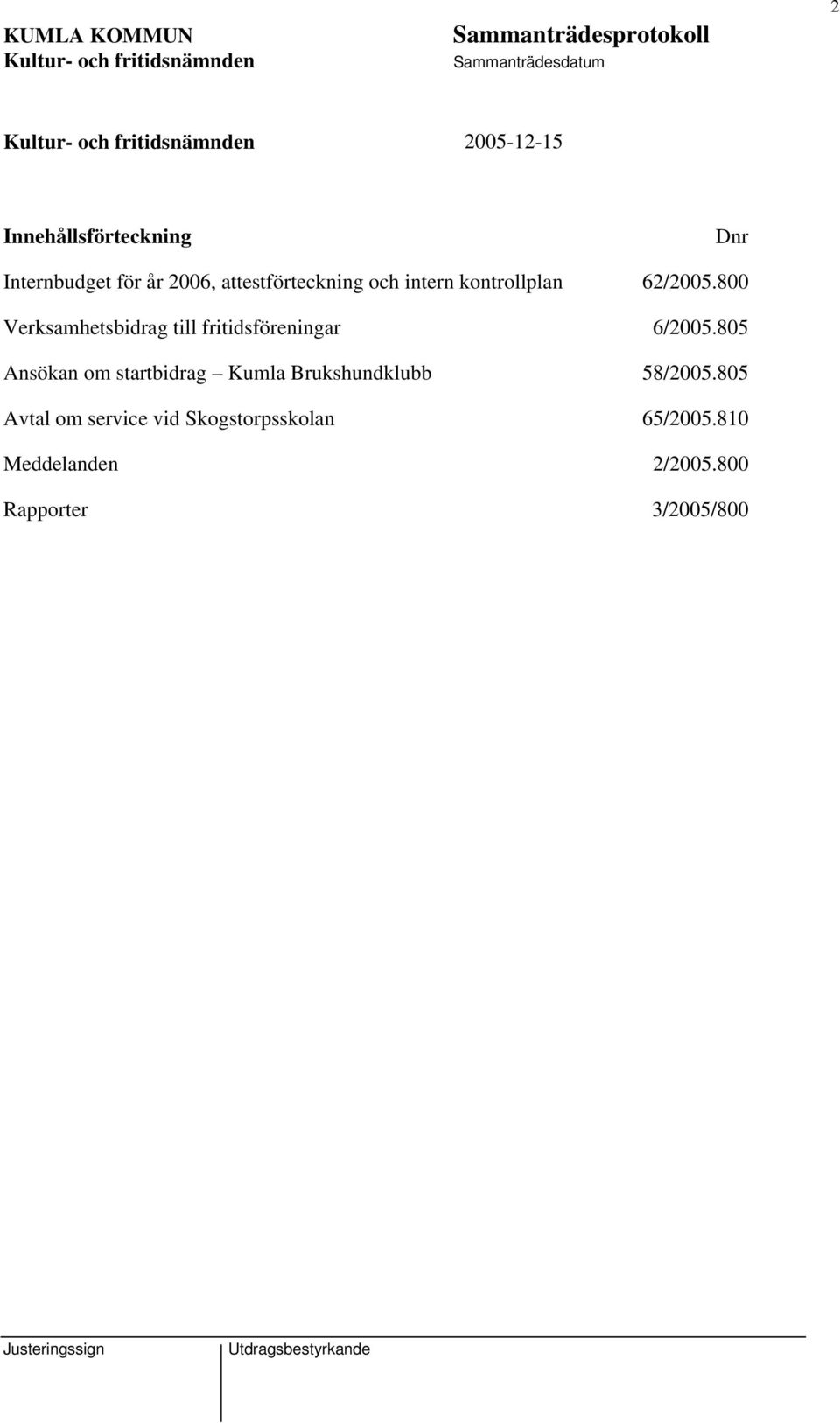 800 Verksamhetsbidrag till fritidsföreningar 6/2005.