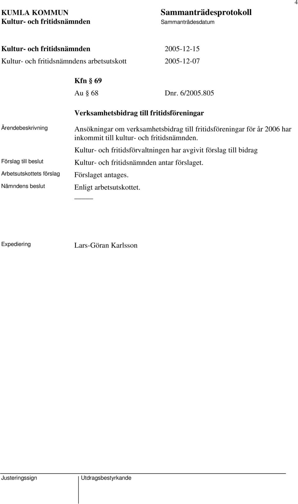 om verksamhetsbidrag till fritidsföreningar för år 2006 har inkommit till kultur- och fritidsnämnden.