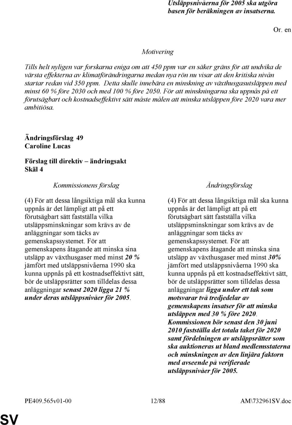 350 ppm. Detta skulle innebära en minskning av växthusgasutsläppen med minst 60 % före 2030 och med 100 % före 2050.