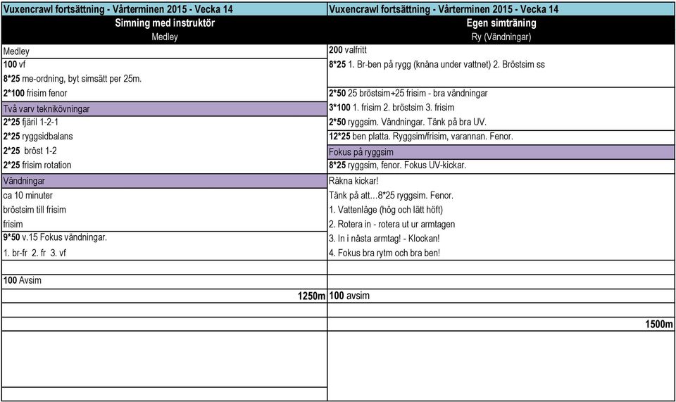 bröstsim 3. frisim 2*25 fjäril 1-2-1 2*50 ryggsim. Vändningar. Tänk på bra UV. 2*25 ryggsidbalans 12*25 ben platta. Ryggsim/frisim, varannan. Fenor.