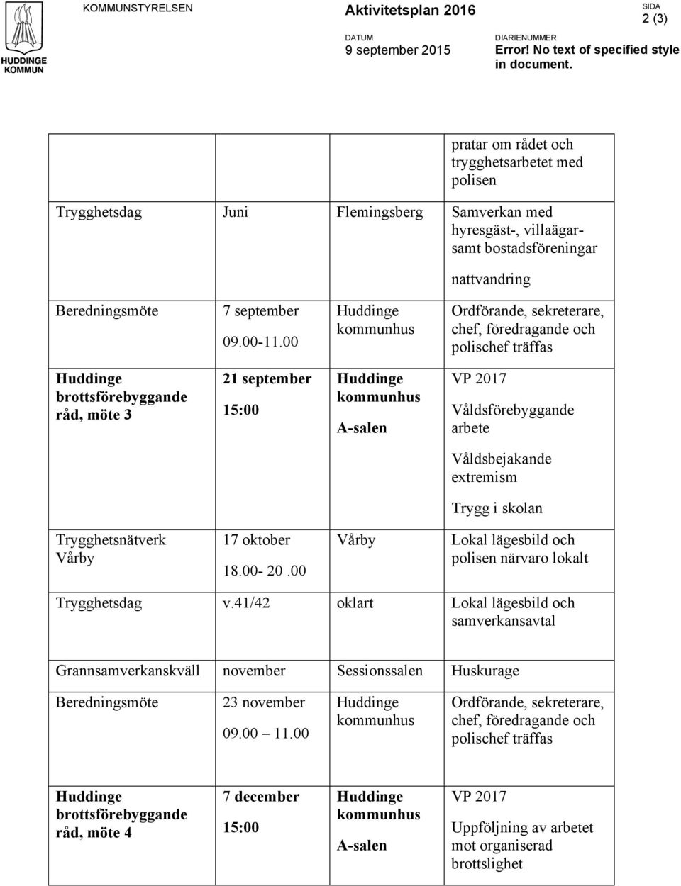 00 kommunhus Ordförande, sekreterare, chef, föredragande och polischef träffas brottsförebyggande råd, möte 3 21 september 15:00 kommunhus A-salen VP 2017 Våldsförebyggande arbete Våldsbejakande