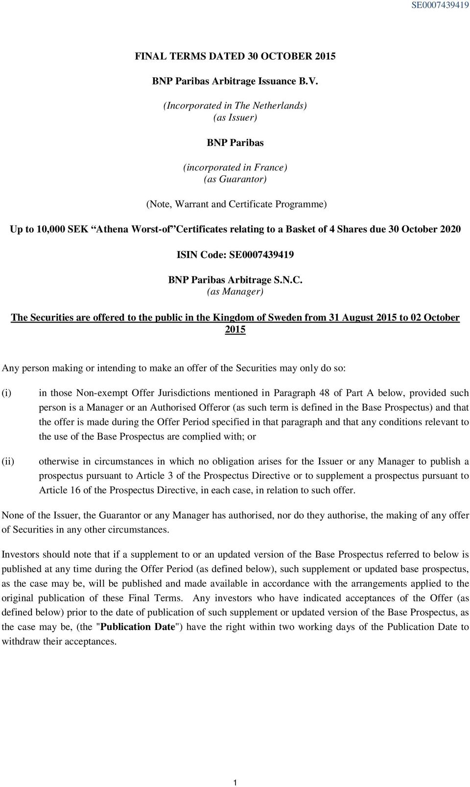 Basket of 4 Shares due 30 October 2020 ISIN Co