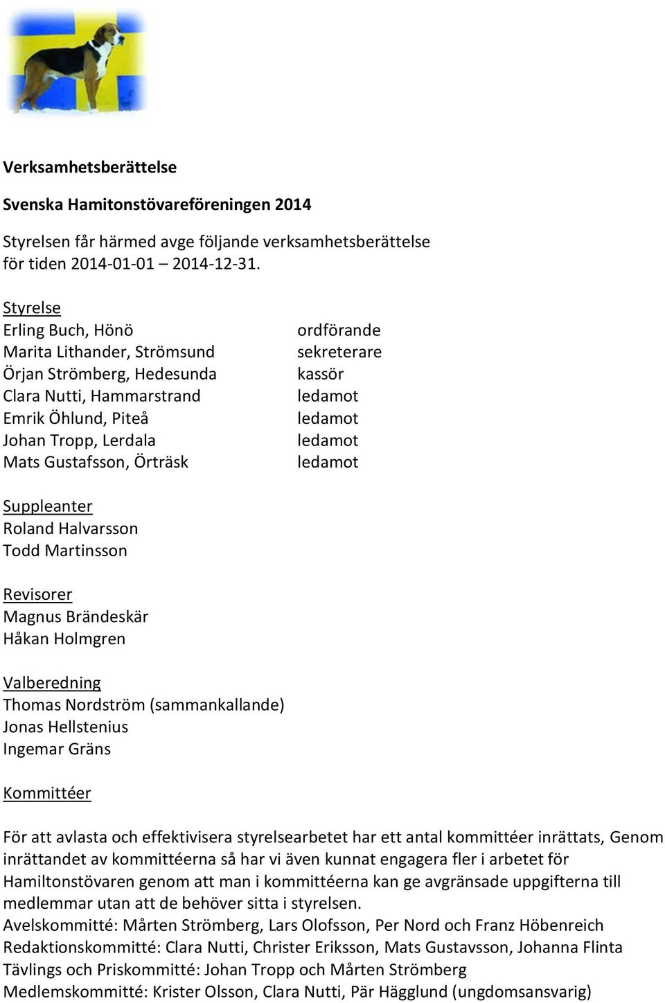 kassör Suppleanter Roland Halvarsson Todd Martinsson Revisorer Magnus Brändeskär Håkan Holmgren Valberedning Thomas Nordström (sammankallande) Jonas Hellstenius Ingemar Gräns Kommittéer För att