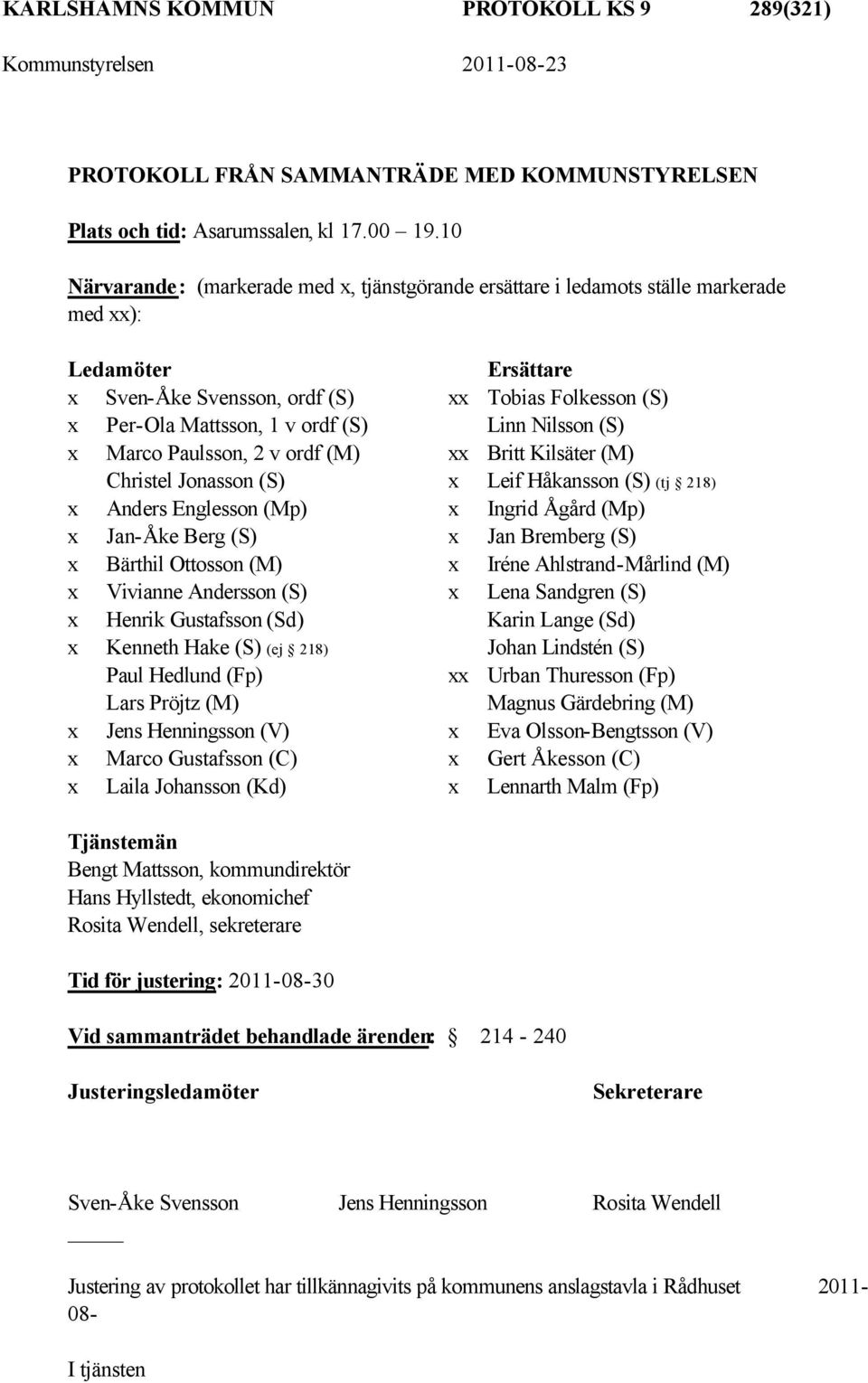 (S) Linn Nilsson (S) x Marco Paulsson, 2 v ordf (M) xx Britt Kilsäter (M) Christel Jonasson (S) x Leif Håkansson (S) (tj 218) x Anders Englesson (Mp) x Ingrid Ågård (Mp) x Jan-Åke Berg (S) x Jan
