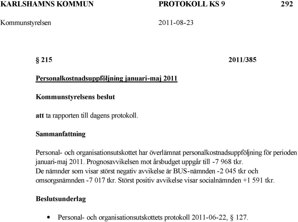 Prognosavvikelsen mot årsbudget uppgår till -7 968 tkr.