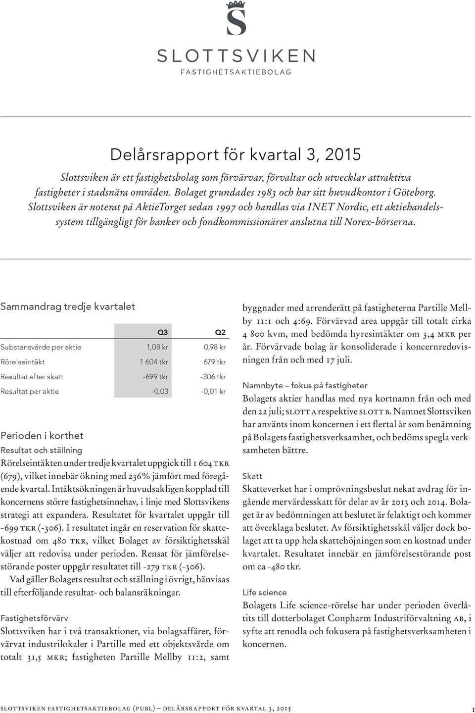 Slottsviken är noterat på AktieTorget sedan 1997 och handlas via INET Nordic, ett aktiehandelssystem tillgängligt för banker och fondkommissionärer anslutna till Norex-börserna.