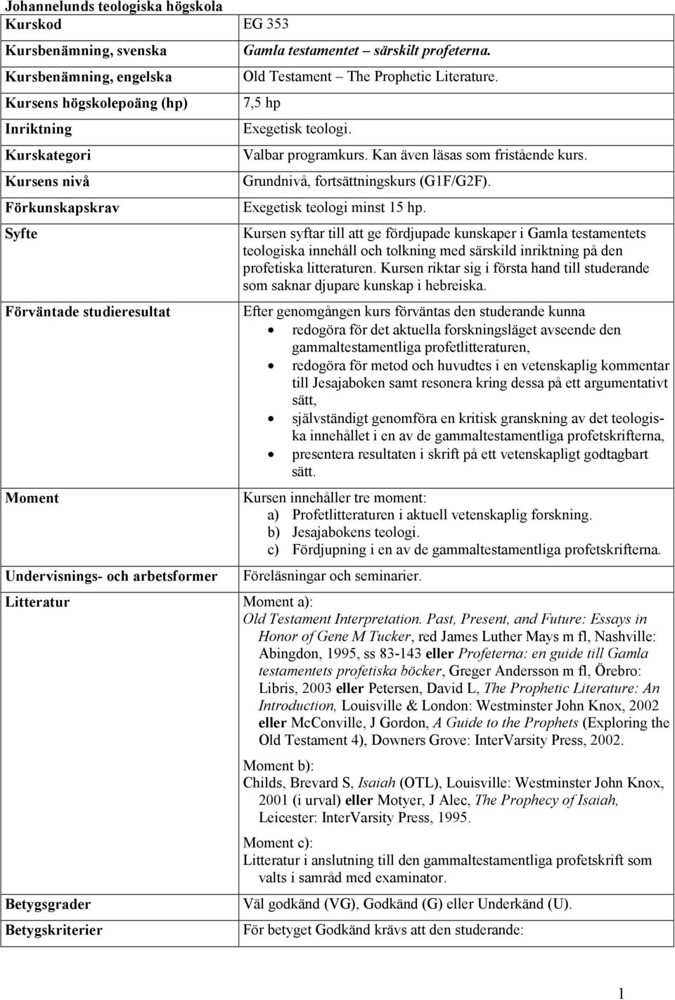 Valbar programkurs. Kan även läsas som fristående kurs. Grundnivå, fortsättningskurs (G1F/G2F). Exegetisk teologi minst 15 hp.