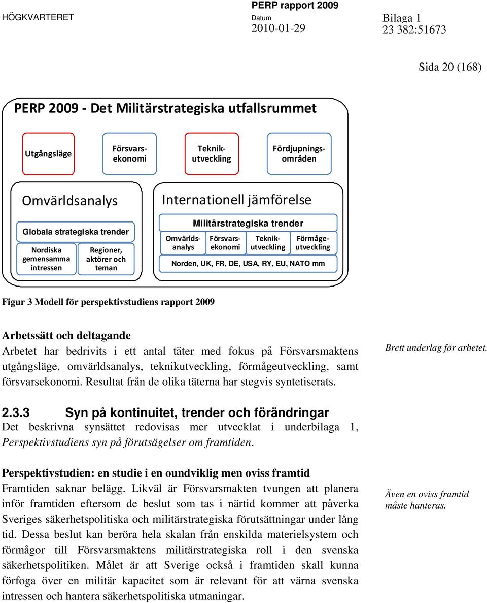 Modell för perspektivstudiens rapport 2009 Arbetssätt och deltagande Arbetet har bedrivits i ett antal täter med fokus på Försvarsmaktens utgångsläge, omvärldsanalys, teknikutveckling,