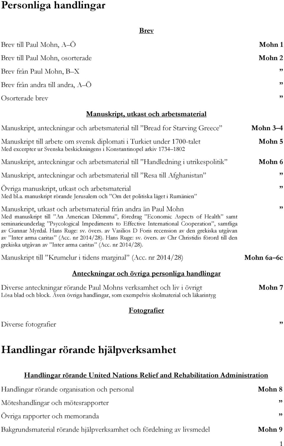 beskickningens i Konstantinopel arkiv 1734 1802 Mohn 5 Manuskript, anteckningar och arbetsmaterial till Handledning i utrikespolitik Mohn 6 Manuskript, anteckningar och arbetsmaterial till Resa till