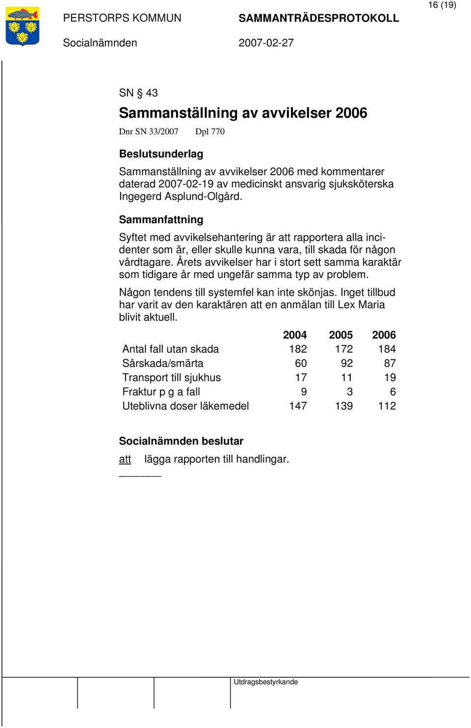 Årets avvikelser har i stort sett samma karaktär som tidigare år med ungefär samma typ av problem. Någon tendens till systemfel kan inte skönjas.