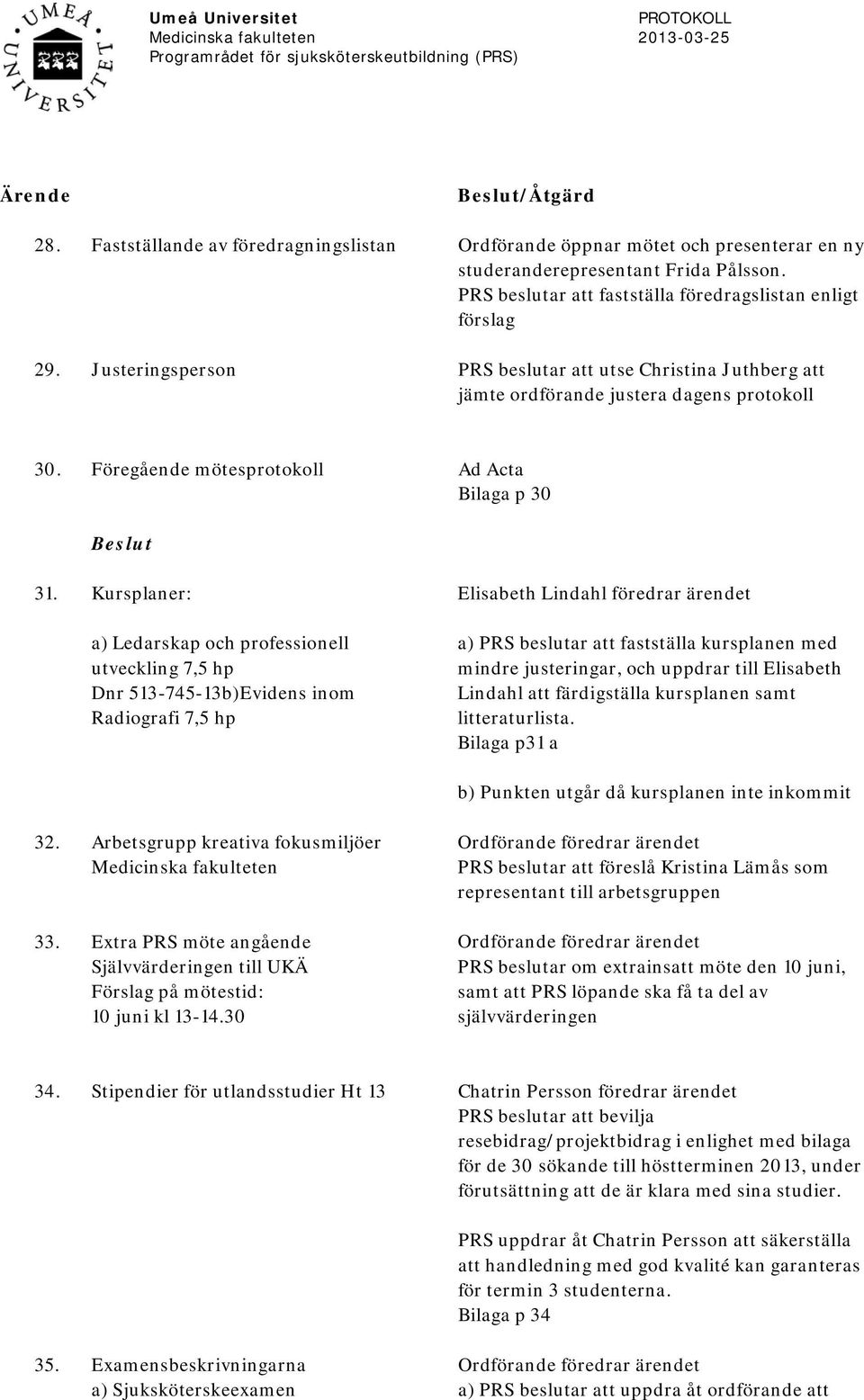 Kursplaner: a) Ledarskap och professionell utveckling 7,5 hp Dnr 513-745-13b)Evidens inom Radiografi 7,5 hp Elisabeth Lindahl föredrar ärendet a) PRS beslutar att fastställa kursplanen med mindre