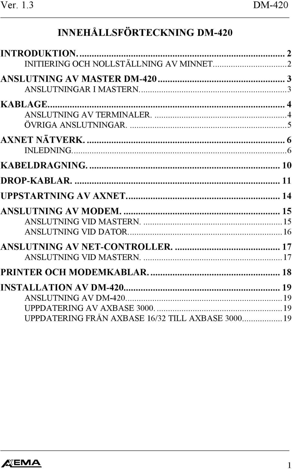 ... UPPSTARTNING AV AXNET... ANSLUTNING AV MODEM.... ANSLUTNING VID MASTERN.... ANSLUTNING VID DATOR... ANSLUTNING AV NET-CONTROLLER.