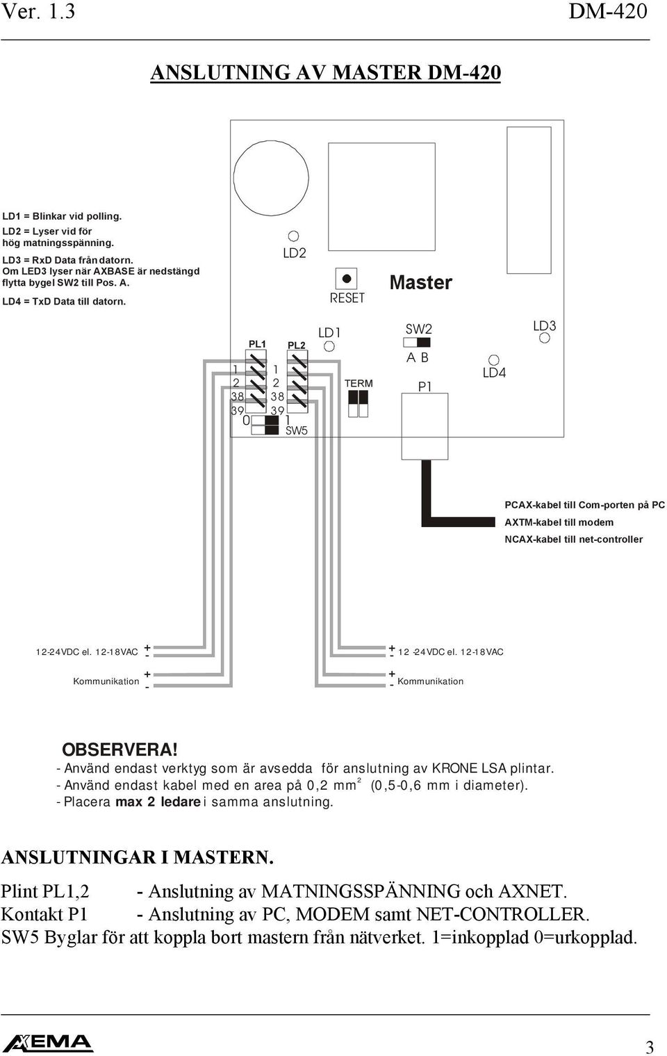 -VAC + + Kommunikation - Kommunikation - OBSERVERA! - Använd endast verktyg som är avsedda för anslutning av KRONE LSA plintar. - Använd endast kabel med en area på, mm (,-, mm i diameter).