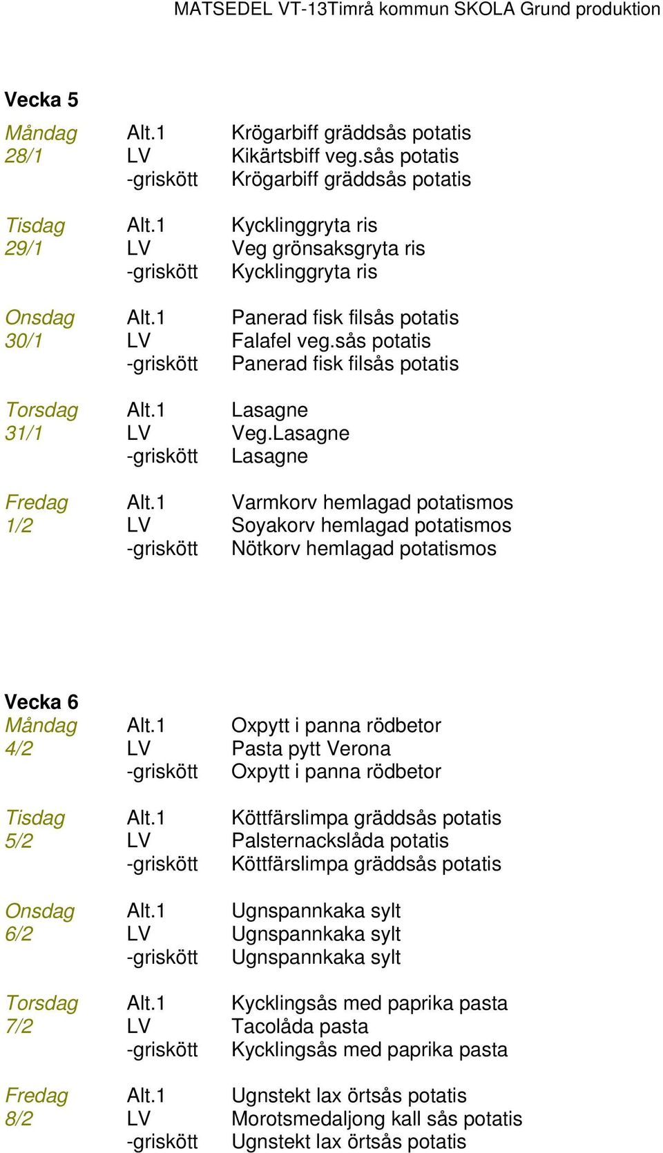 sås potatis Panerad fisk filsås potatis Torsdag Lasagne 31/1 Veg.
