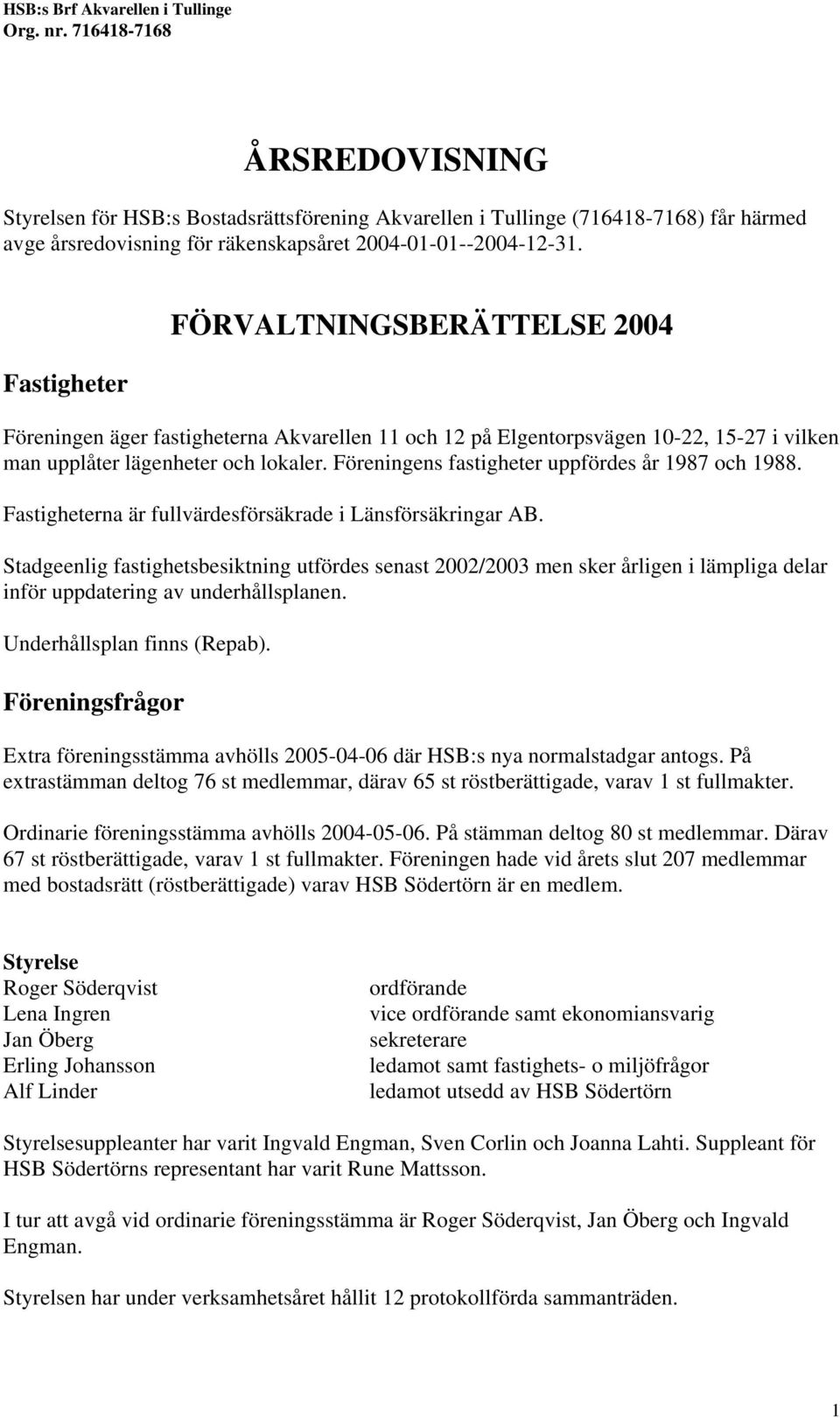 Föreningens fastigheter uppfördes år 1987 och 1988. Fastigheterna är fullvärdesförsäkrade i Länsförsäkringar AB.
