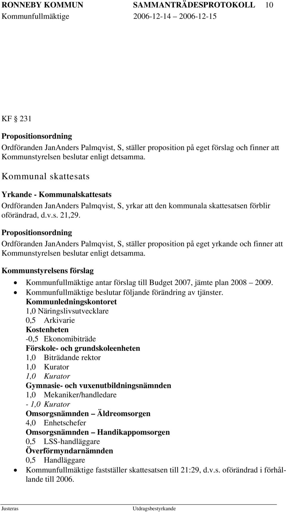 Propositionsordning Ordföranden JanAnders Palmqvist, S, ställer proposition på eget yrkande och finner att Kommunstyrelsen beslutar enligt detsamma.