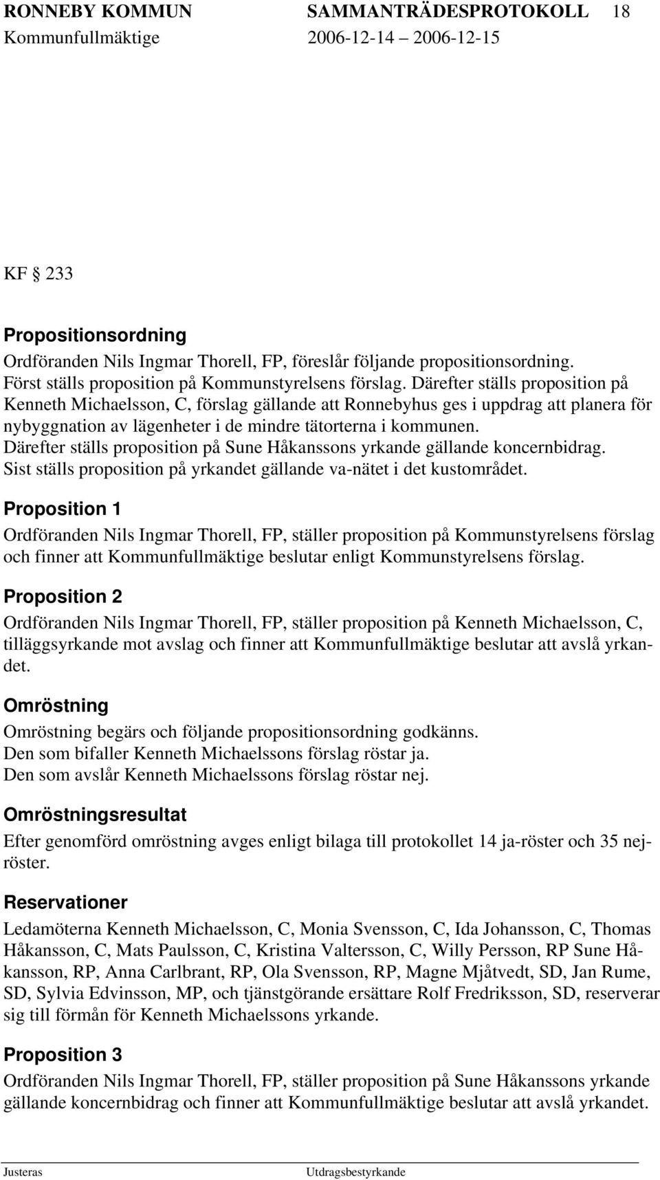 Därefter ställs proposition på Kenneth Michaelsson, C, förslag gällande att Ronnebyhus ges i uppdrag att planera för nybyggnation av lägenheter i de mindre tätorterna i kommunen.