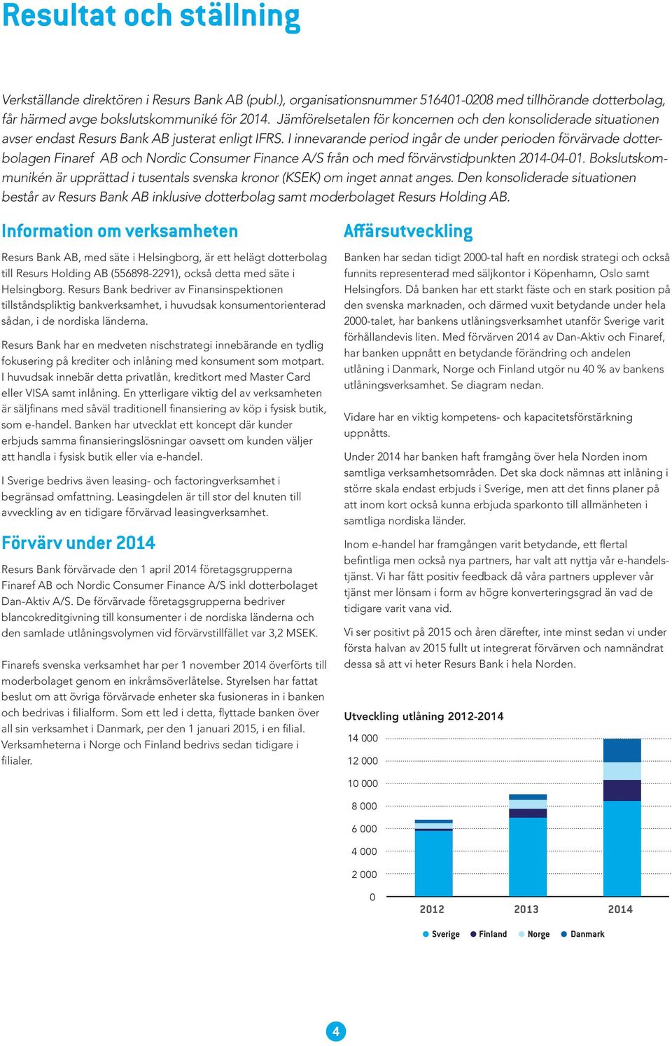 I innevarande period ingår de under perioden förvärvade dotterbolagen Finaref AB och Nordic Consumer Finance A/S från och med förvärvstidpunkten 2014-04-01.