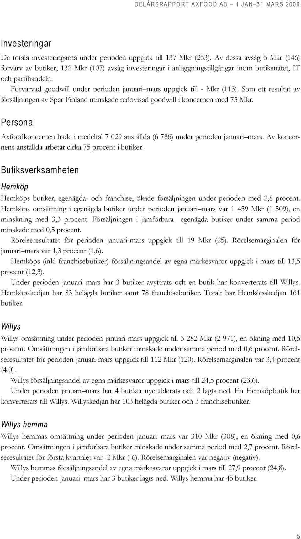 Förvärvad goodwill under perioden januari mars uppgick till - Mkr (113). Som ett resultat av försäljningen av Spar Finland minskade redovisad goodwill i koncernen med 73 Mkr.