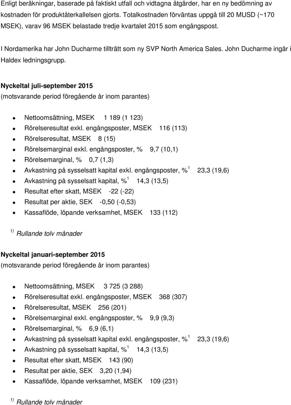 John Ducharme ingår i Haldex ledningsgrupp. Nyckeltal juli-september 2015 (motsvarande period föregående år inom parantes) Nettoomsättning, MSEK 1 189 (1 123) Rörelseresultat exkl.