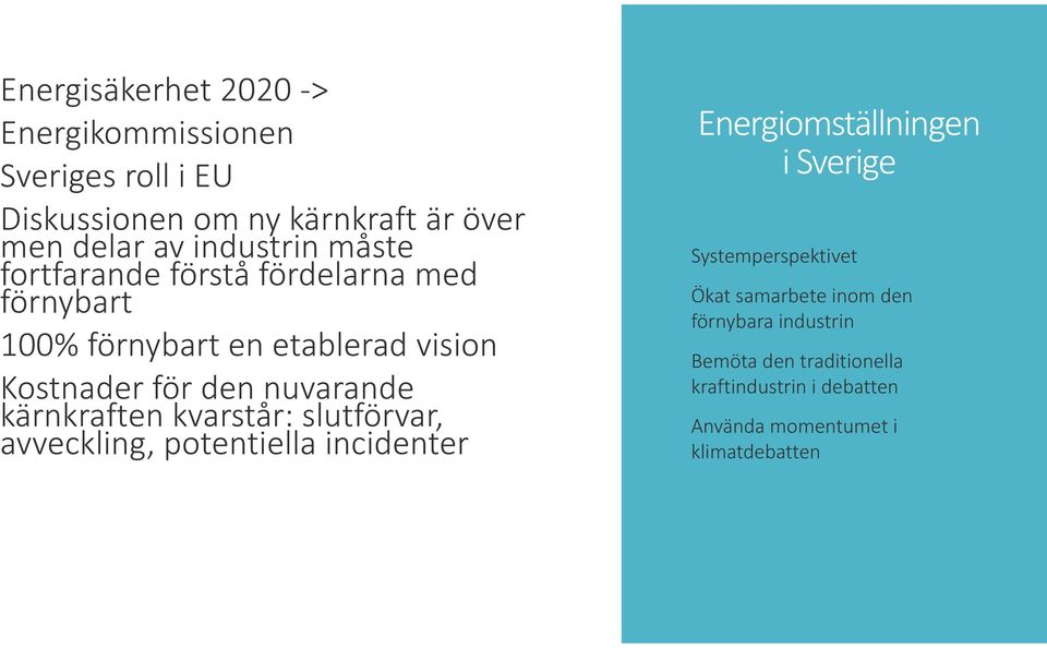 kärnkraften kvarstår: slutförvar, avveckling, potentiella incidenter Energiomställningen i Sverige Systemperspektivet