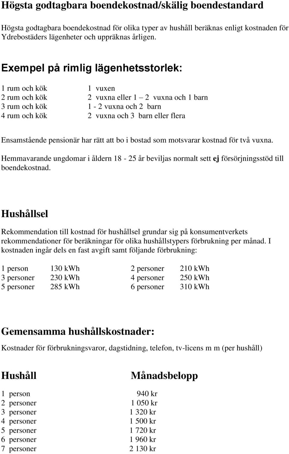 pensionär har rätt att bo i bostad som motsvarar kostnad för två vuxna. Hemmavarande ungdomar i åldern 18-25 år beviljas normalt sett ej försörjningsstöd till boendekostnad.